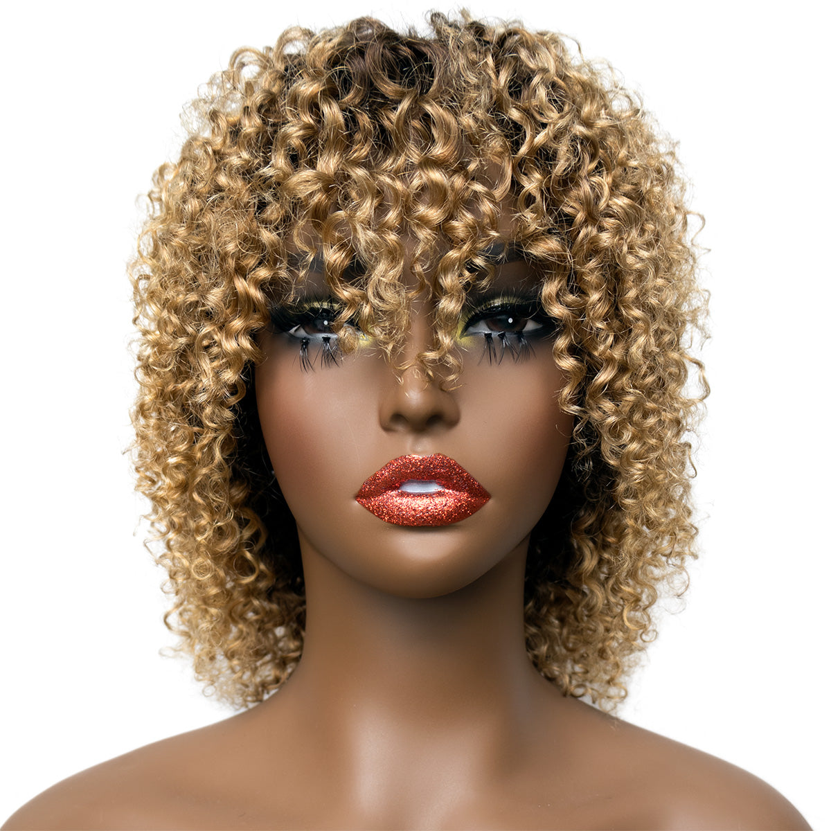 HairyFairy short curly wigs, 100% human hair wigs for black women, human hair wig with bangs glueless wear and go, machine made, no lace, light and comfortable (curly/T427, 12 inches)