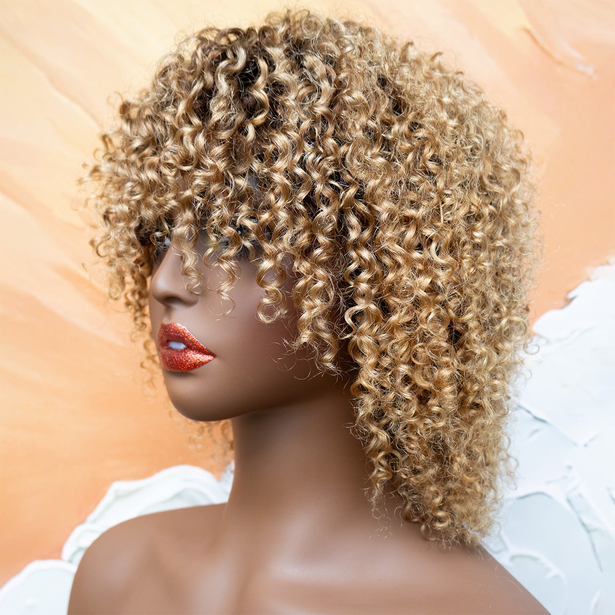 HairyFairy short curly wigs, 100% human hair wigs for black women, human hair wig with bangs glueless wear and go, machine made, no lace, light and comfortable (curly/T427, 12 inches)