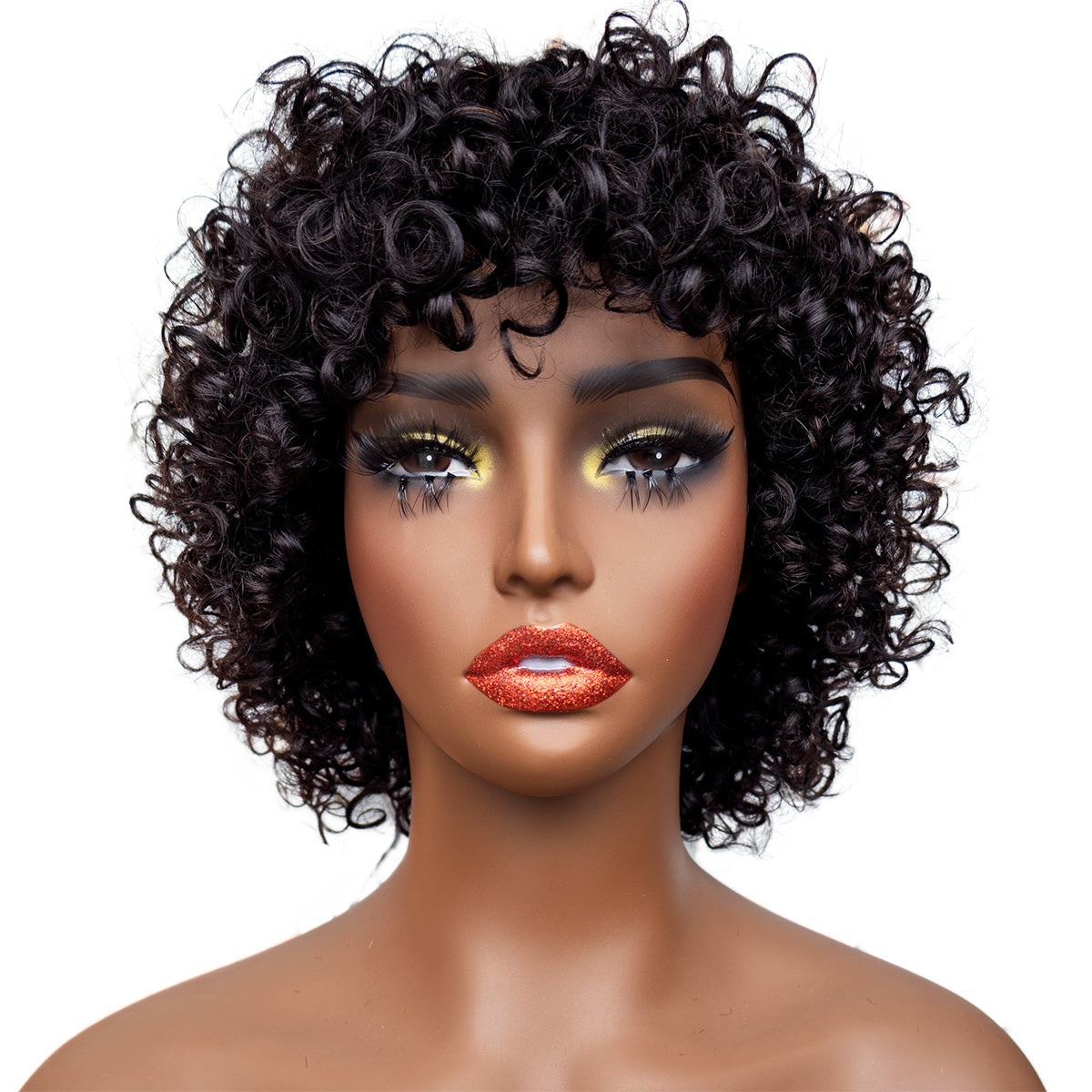 HairyFairy short curly wigs, 100% human hair wigs for black women, human hair wig with bangs glueless wear and go, machine made, no lace, light and comfortable (curly/natural black, 12 inches)