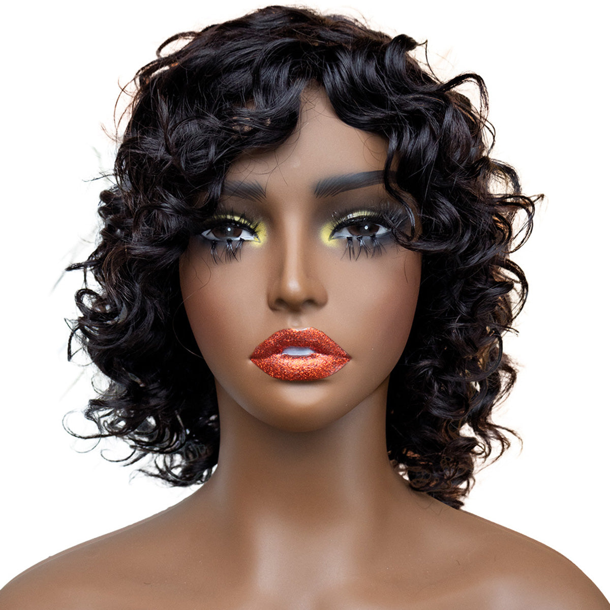 HairyFairy 12inch short water wave wig with bangs glueless wear and go, 100% human hair wigs for black women, machine made, no lace, light and comfortable (wavy/natural black, 12 inches)