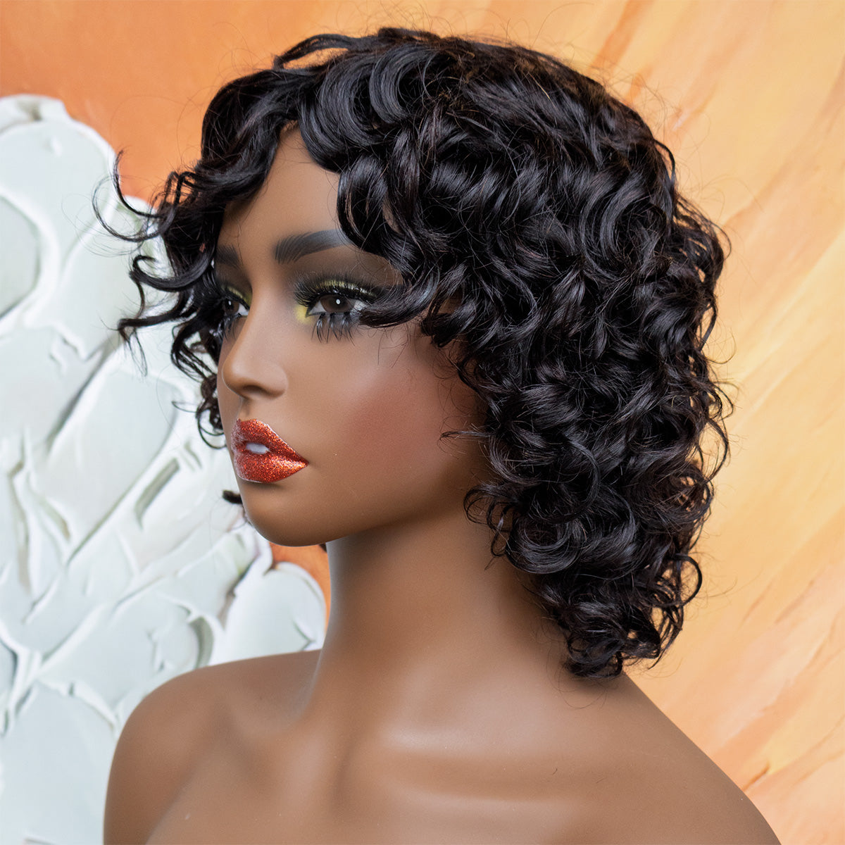 HairyFairy 12inch short water wave wig with bangs glueless wear and go, 100% human hair wigs for black women, machine made, no lace, light and comfortable (wavy/natural black, 12 inches)
