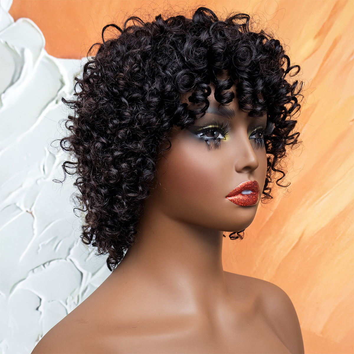 HairyFairy short curly wigs, 100% human hair wigs for black women, human hair wig with bangs glueless wear and go, machine made, no lace, light and comfortable (curly/natural black, 12 inches)