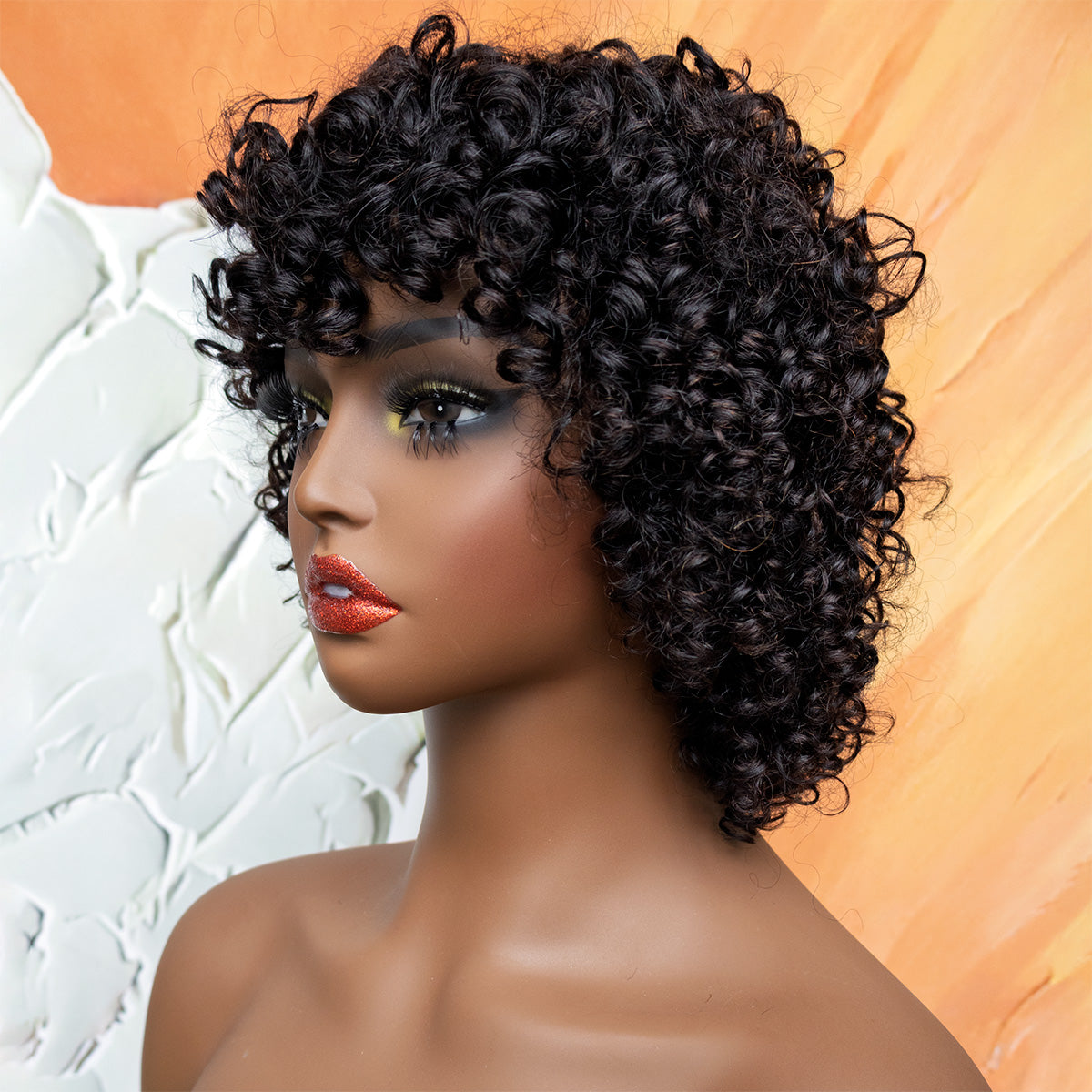 HairyFairy short curly wigs, 100% human hair wigs for black women, human hair wig with bangs glueless wear and go, machine made, no lace, light and comfortable (curly/natural black, 12 inches)
