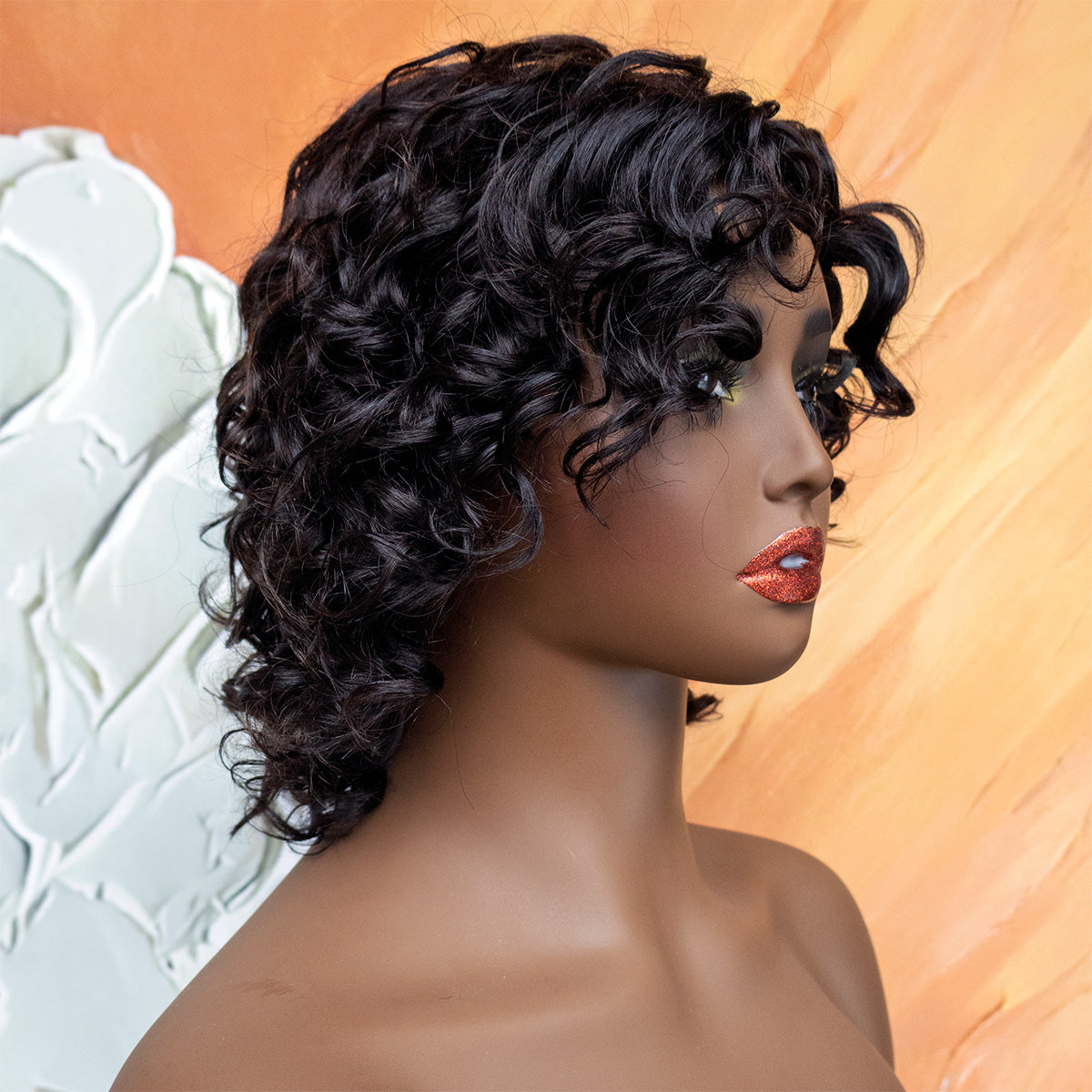 HairyFairy 12inch short water wave wig with bangs glueless wear and go, 100% human hair wigs for black women, machine made, no lace, light and comfortable (wavy/natural black, 12 inches)